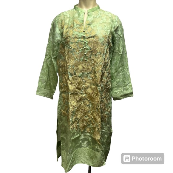 Agha Noor Kurta Tunic Womens S Embroidered Gold Lime Green Gauzy Pakistani - Picture 1 of 14